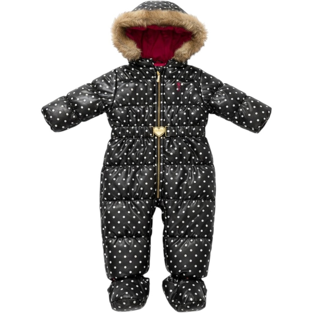 Juicy Couture Puffer Bunting Suit Kids 3/6M Black Polka Dot Faux Fur Hood